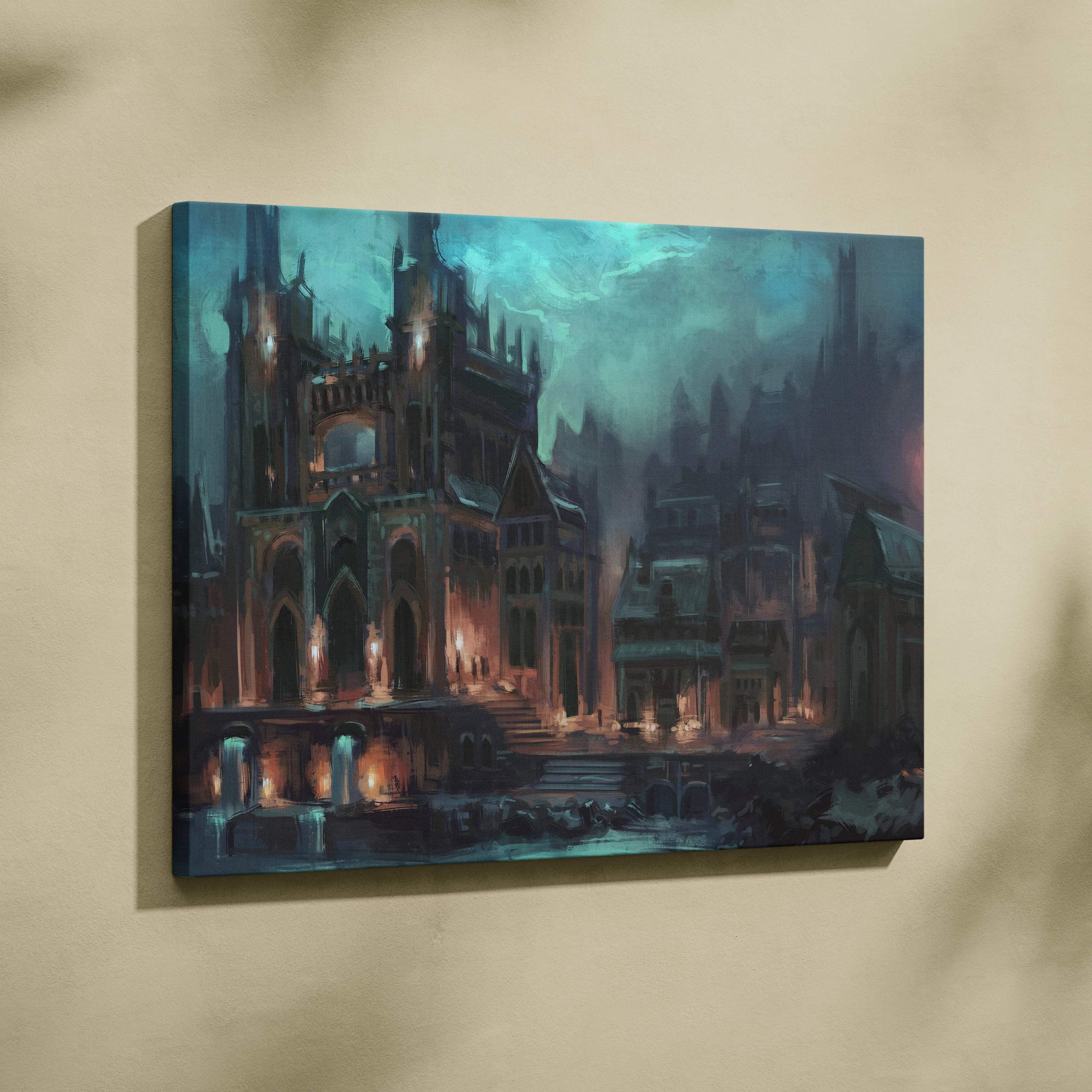 Moody gothic cityscape canvas print with cathedral, glowing streetlamp in teal and amber