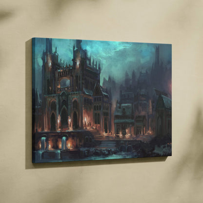 Moody gothic cityscape canvas print with cathedral, glowing streetlamp in teal and amber