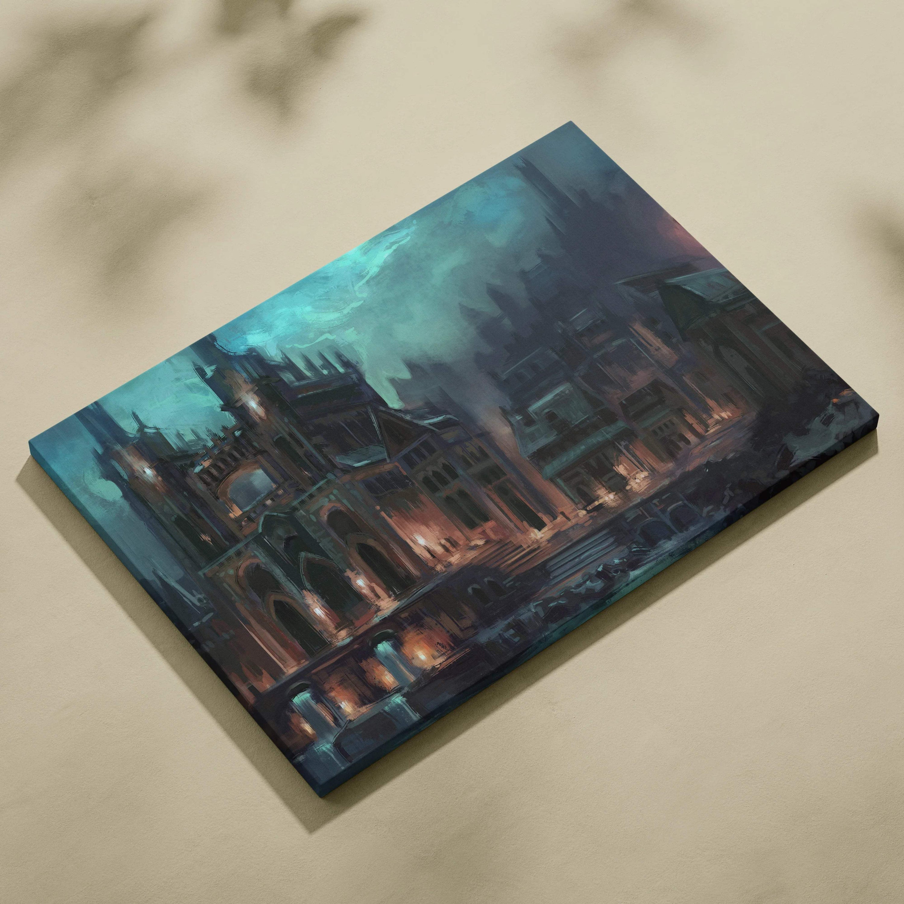 Moody gothic cityscape canvas print with cathedral, glowing streetlamp in teal blue tones