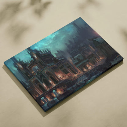 Moody gothic cityscape canvas print with cathedral, glowing streetlamp in teal blue tones