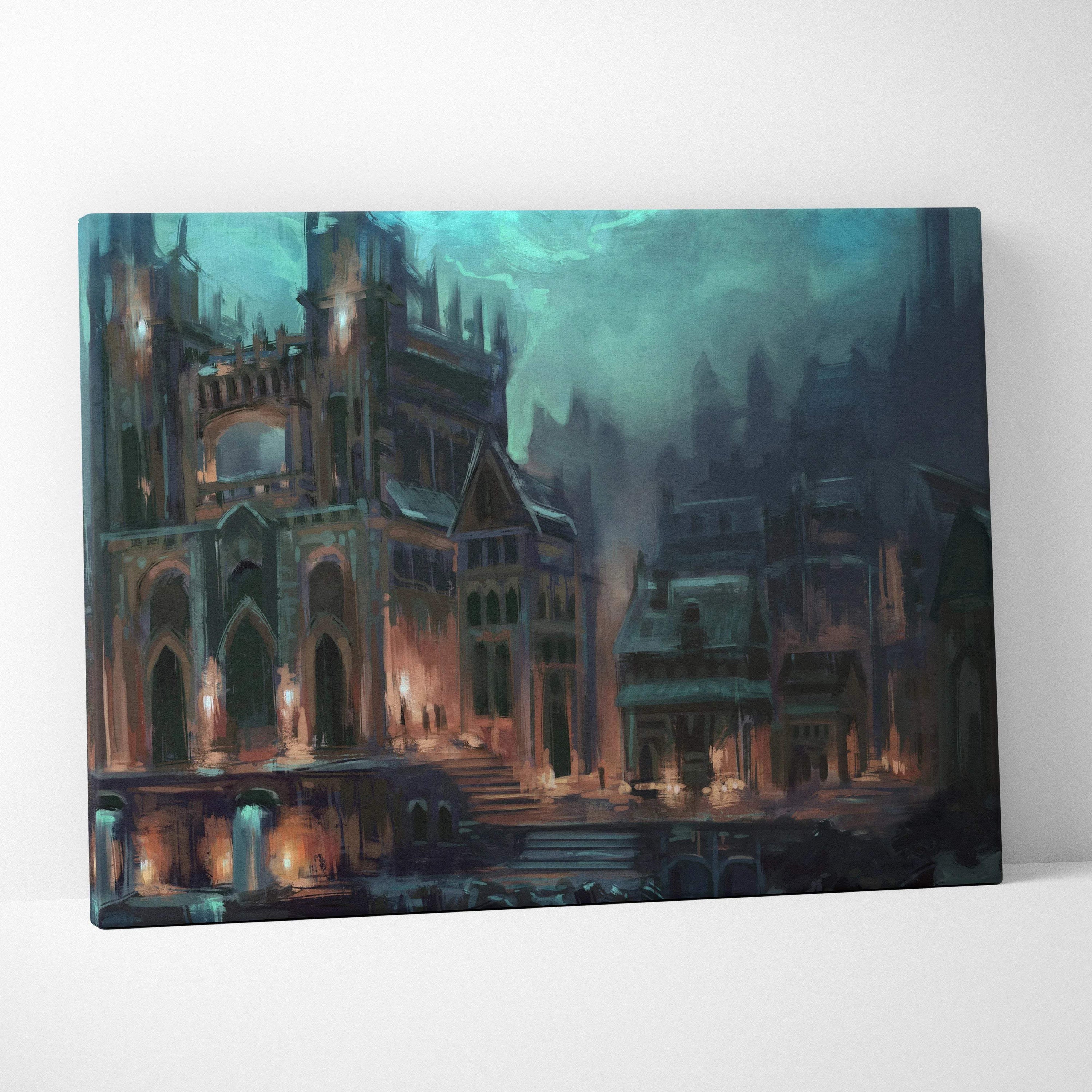 Moody gothic cityscape canvas wall art with cathedral and glowing streetlamp in teal blue and warm amber tones