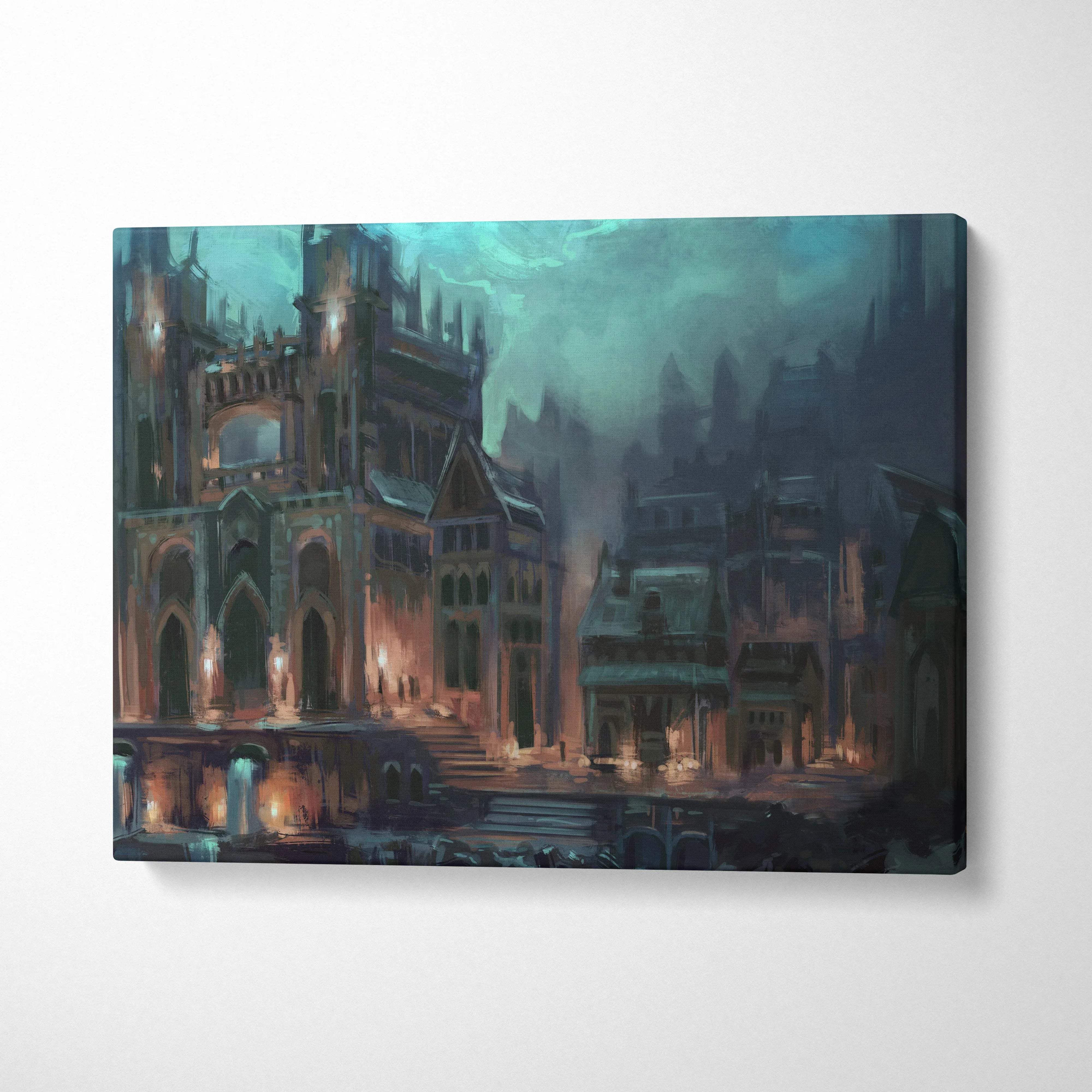 Moody gothic cityscape canvas print with cathedral, glowing streetlamp, teal sky
