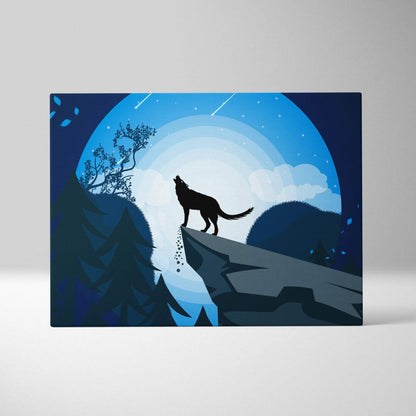 Howling wolf silhouette on cliff under full moon in deep blue mystic night sky canvas art