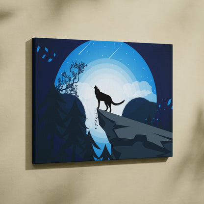 Howling wolf silhouette on cliff under full moon mystic night sky canvas art