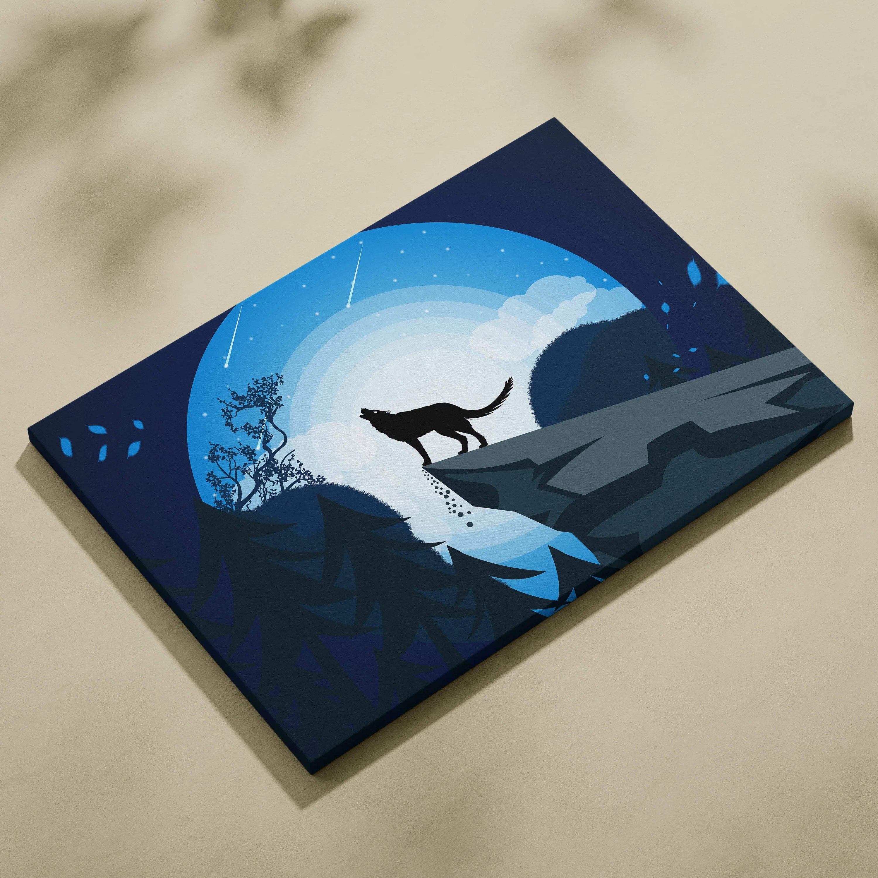 Howling wolf silhouette on cliff under crescent moon in mystic blue night sky canvas print