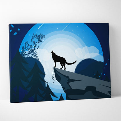 Howling wolf silhouette on cliff under full moon in deep blue starry sky canvas art