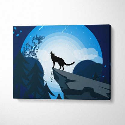 Howling wolf silhouette on cliff under full moon in deep blue mystic night sky canvas