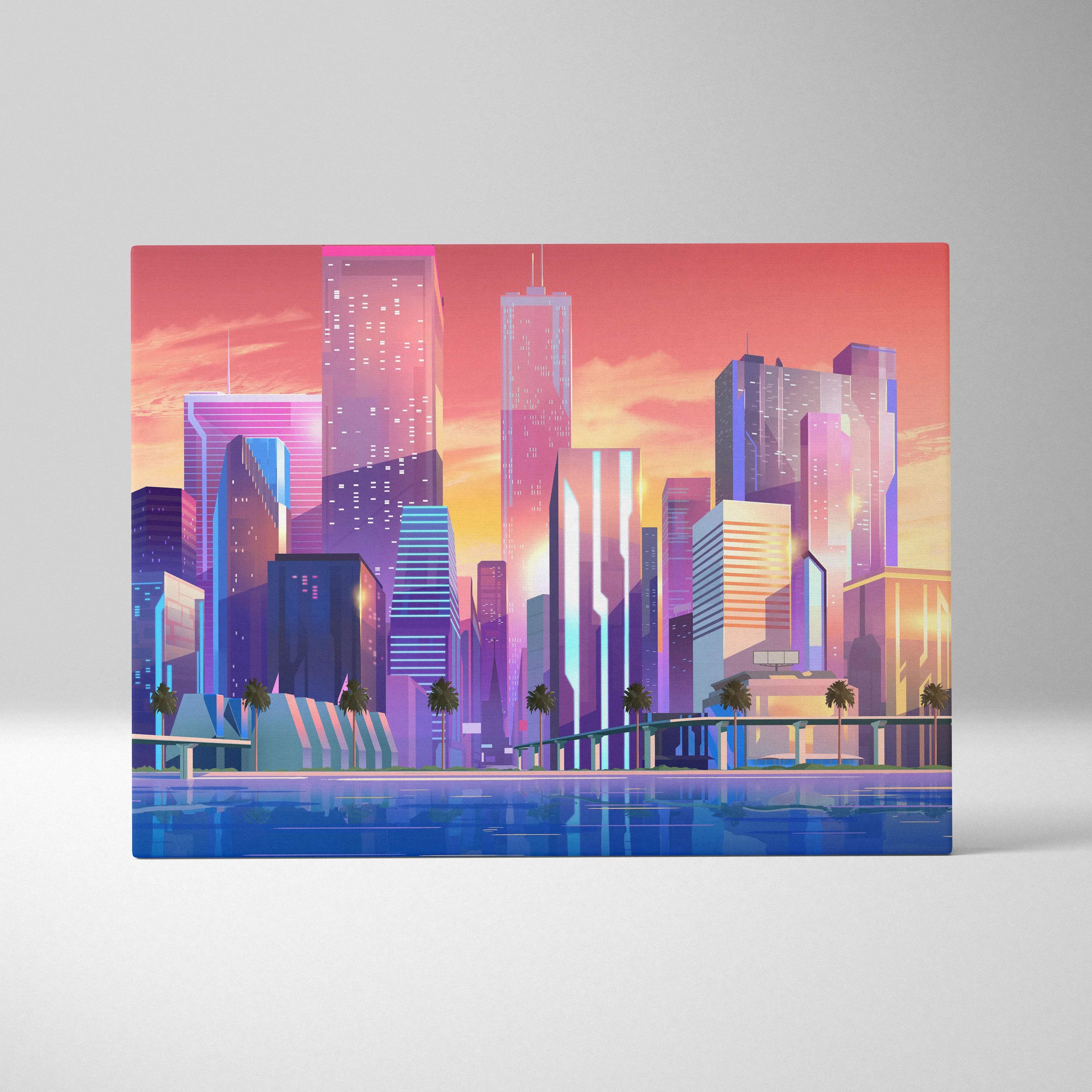 Vibrant neon city skyline sunset canvas print with palm trees, waterfront reflections in pink, orange, blue tones