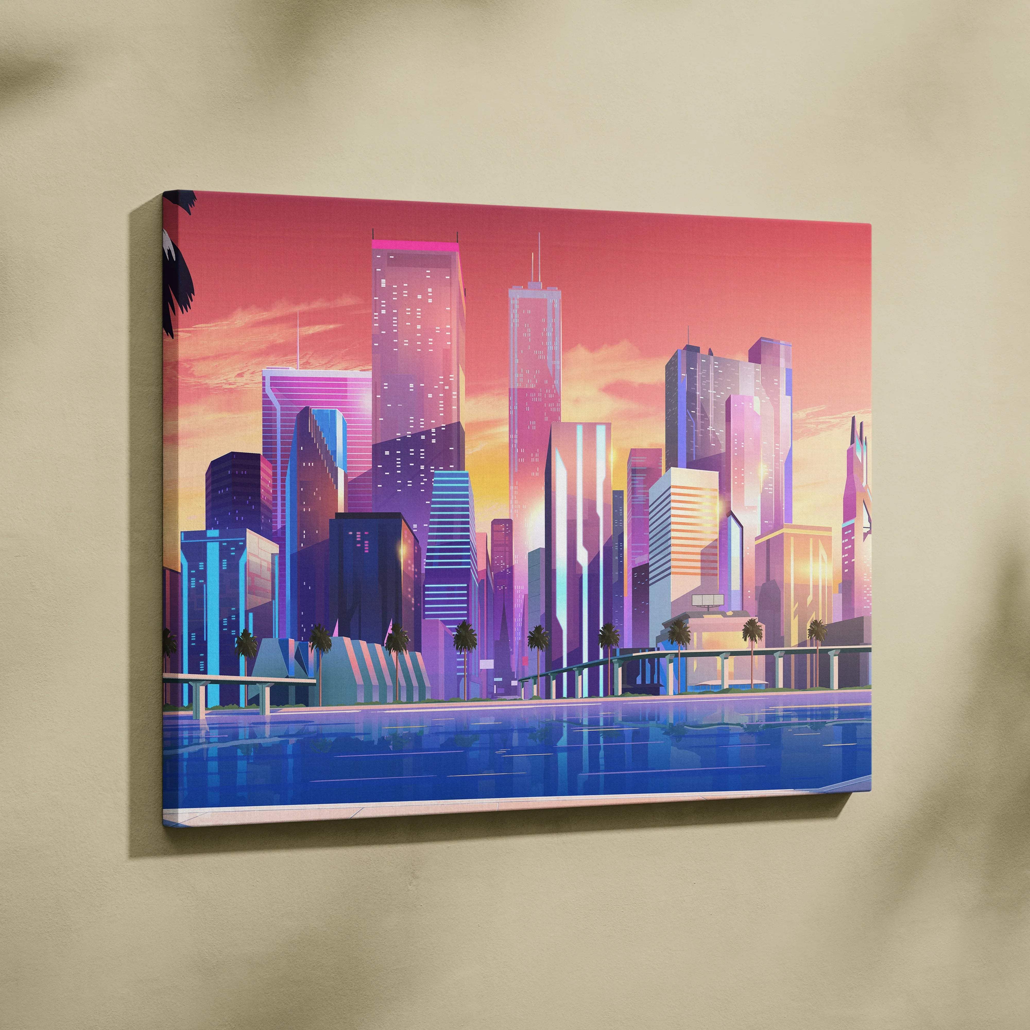 Vibrant neon city skyline sunset canvas print with palm trees and waterfront reflections in pink orange blue tones