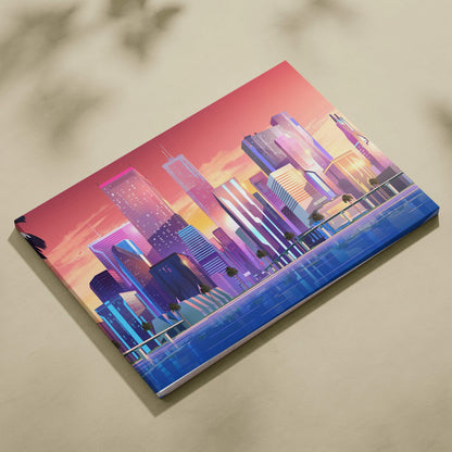 Vibrant neon city skyline sunset canvas with palm trees, waterfront reflections in pink, orange, blue