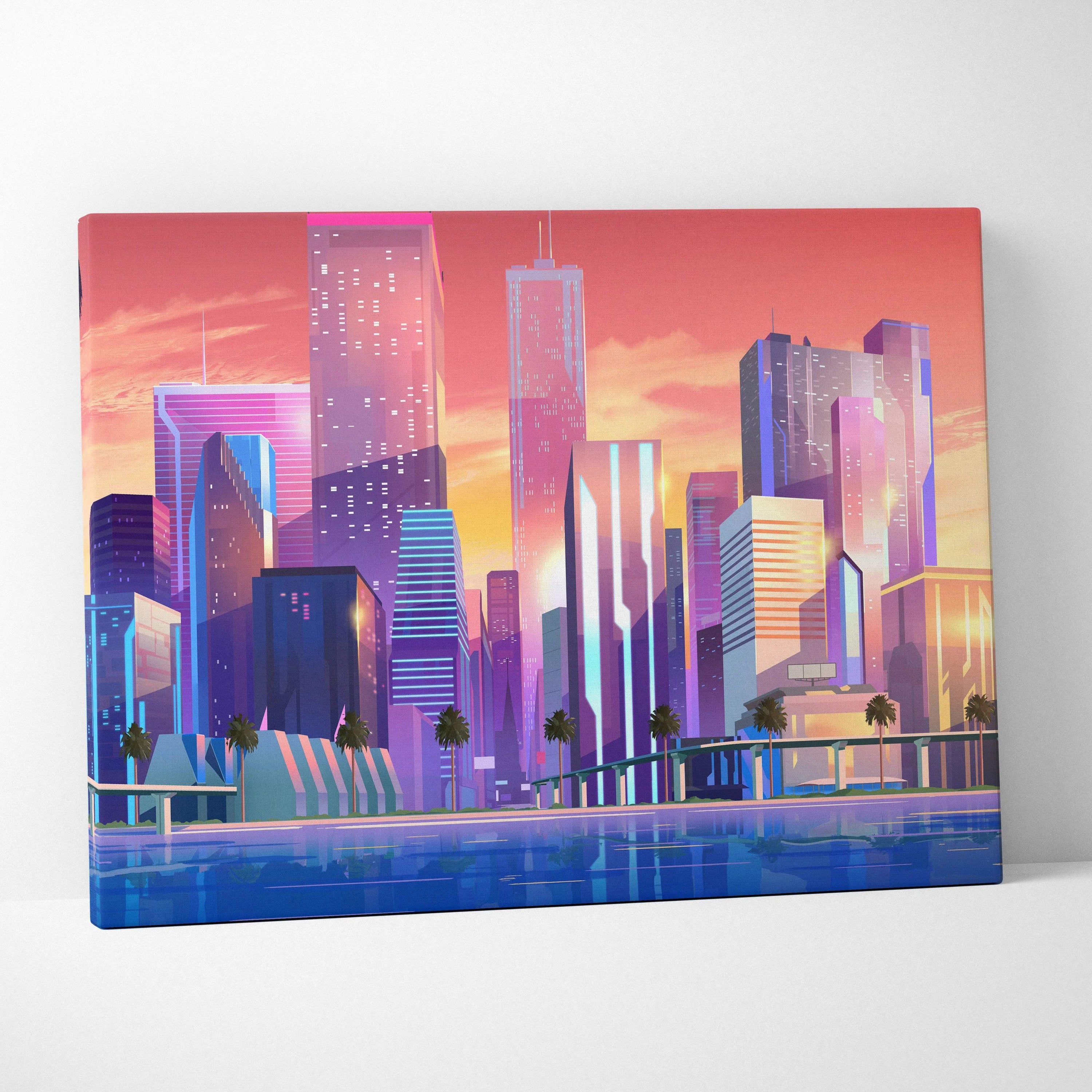 Vibrant neon city skyline sunset canvas with palms and reflections