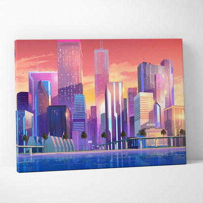 Vibrant neon city skyline sunset canvas with palms and reflections