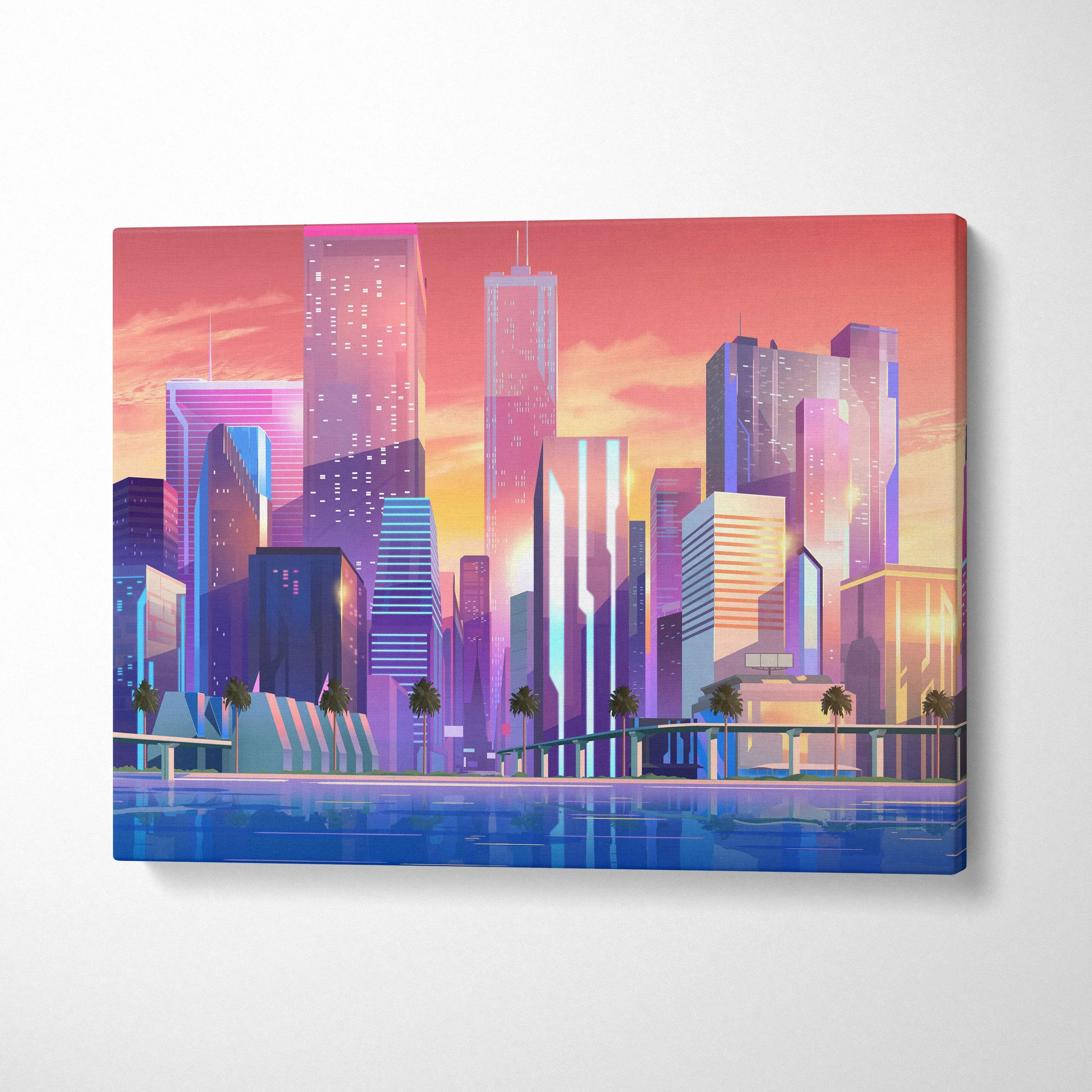 Vibrant neon city skyline sunset canvas print with palm trees and waterfront reflections in pink orange blue tones