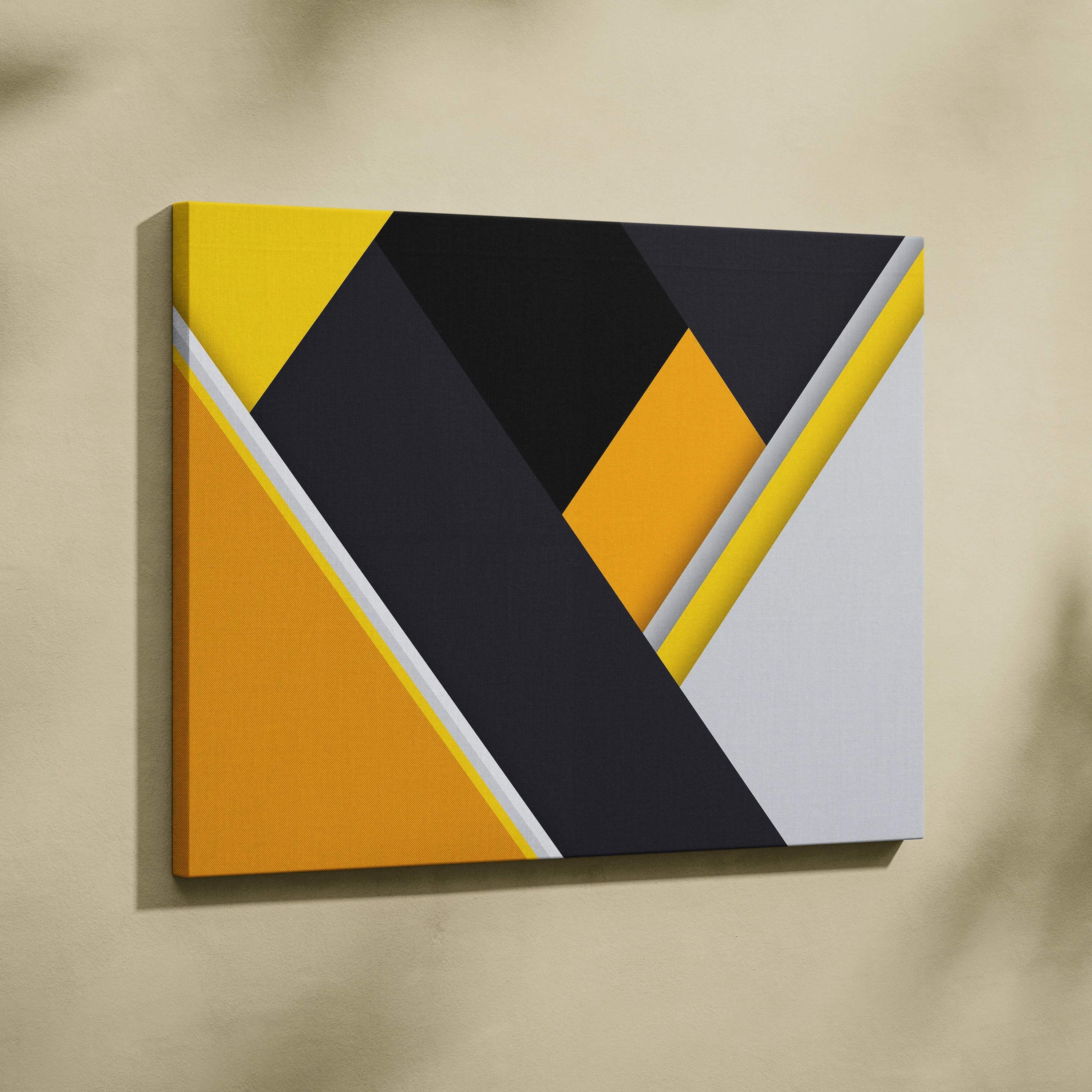 Modern geometric diagonal abstract canvas wall art in yellow black gray