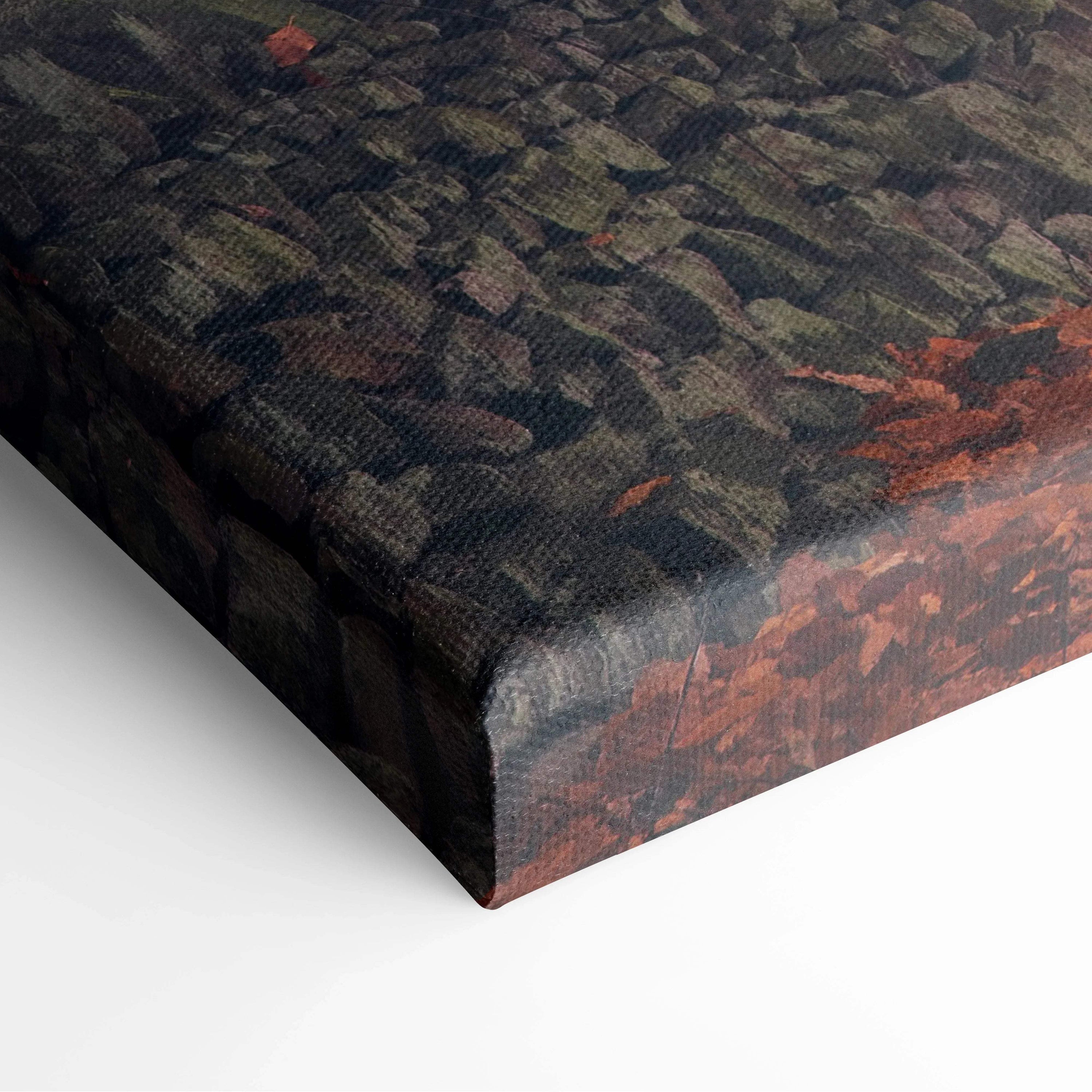 Misty autumn forest path canvas art with textured stone pathway and leaves