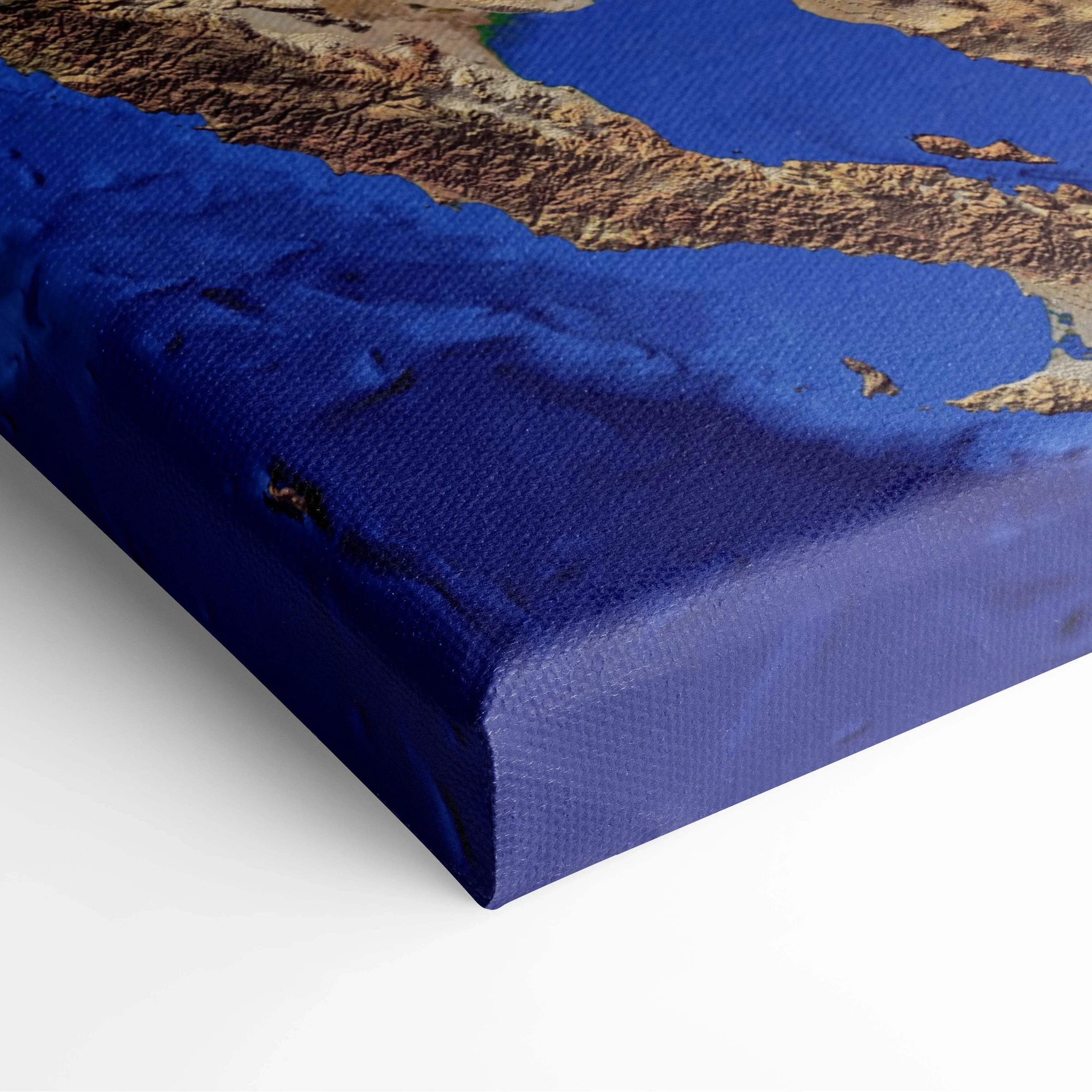 Deep blue cosmic Earth canvas with spiral hurricane and starry glare