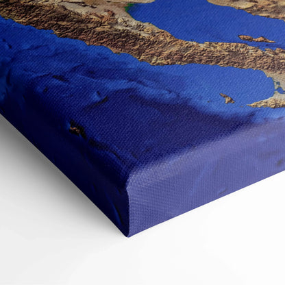 Deep blue cosmic Earth canvas with spiral hurricane and starry glare