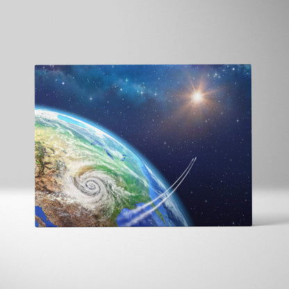 Cosmic Earth canvas art with spiral hurricanes, deep blue cosmos, starry glare