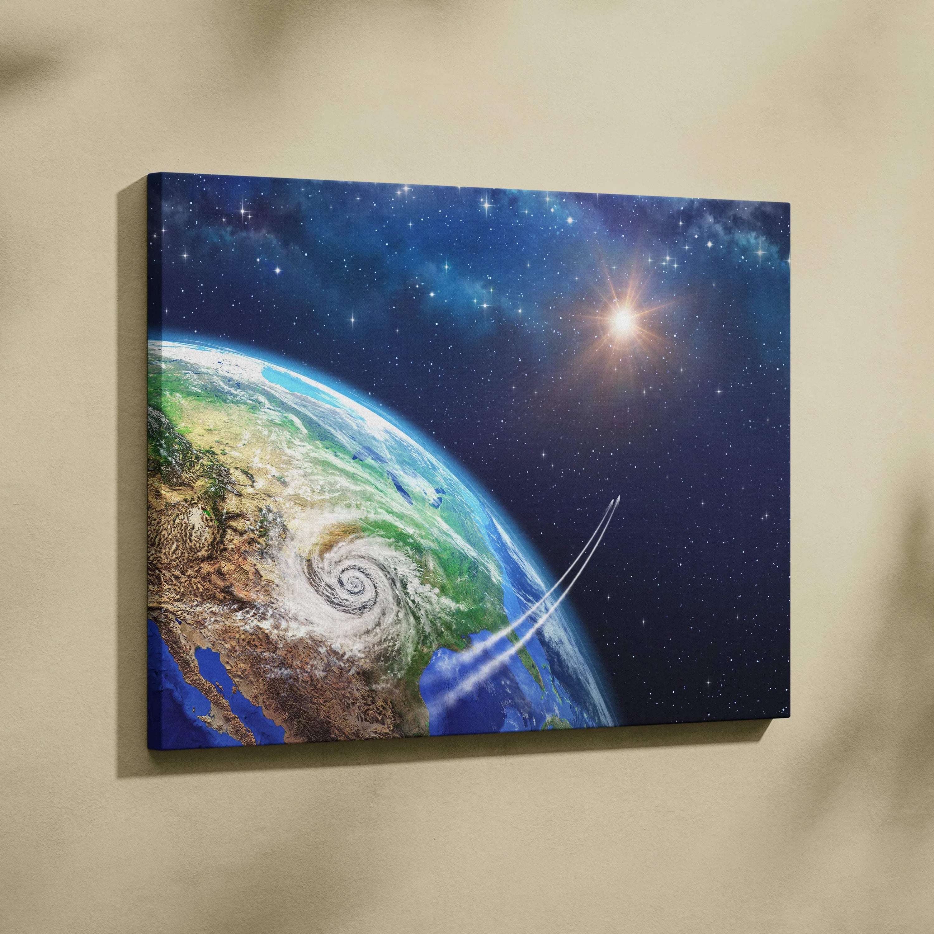 Cosmic Earth canvas art with spiral hurricane, starry cosmos glare