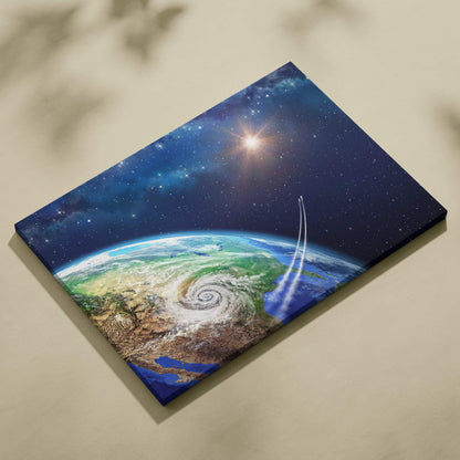 Cosmic Earth from space canvas art with spiral hurricane and rocket launch