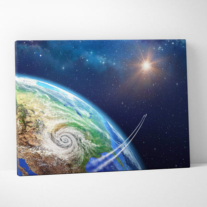 Cosmic Earth canvas wall art with spiral hurricane, deep blue cosmos, starry glare