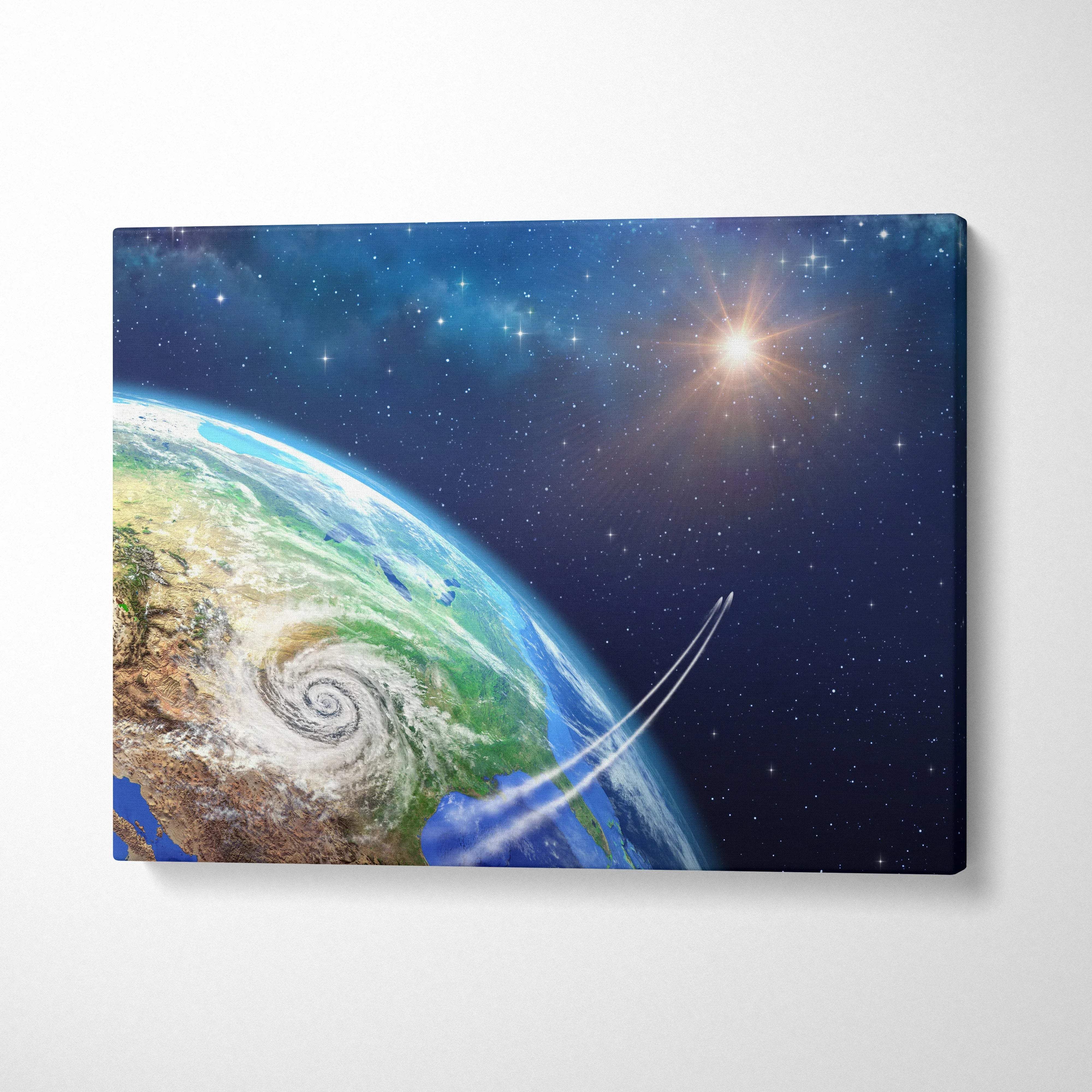 Cosmic Earth canvas wall art with spiral hurricane, deep blue cosmos, starry glare
