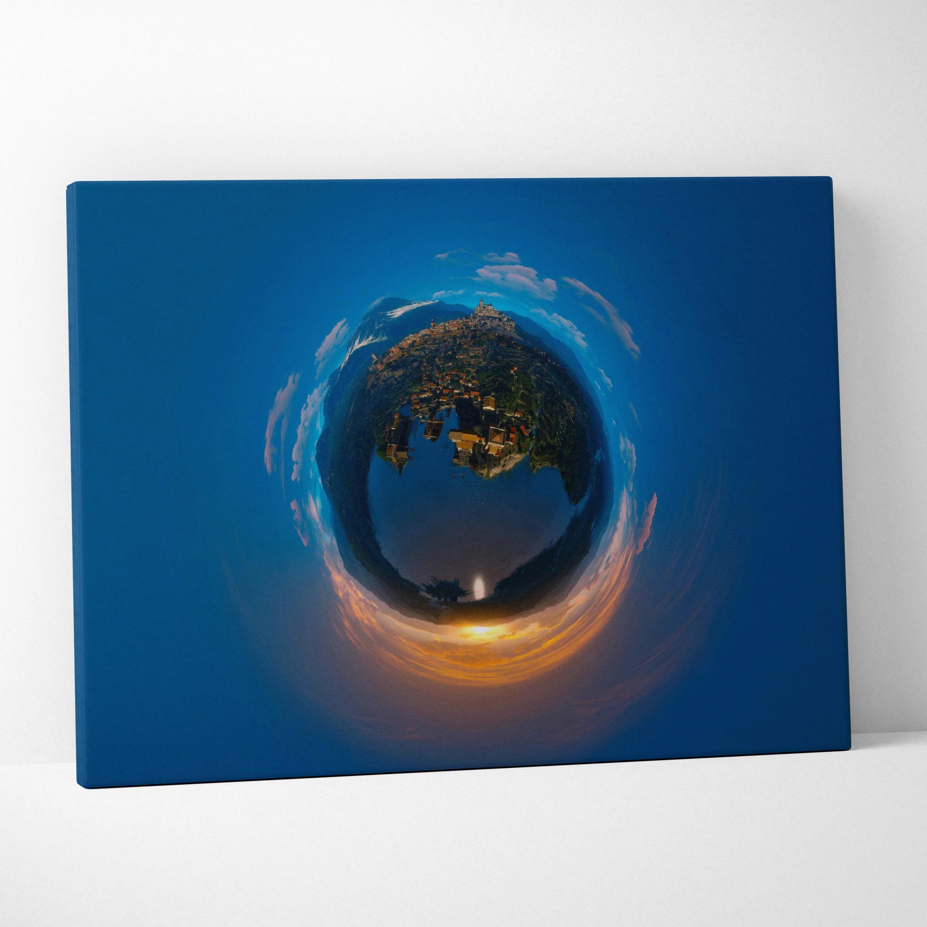 Tiny Planet Coastal Town Sunset 360 Panorama on blue canvas