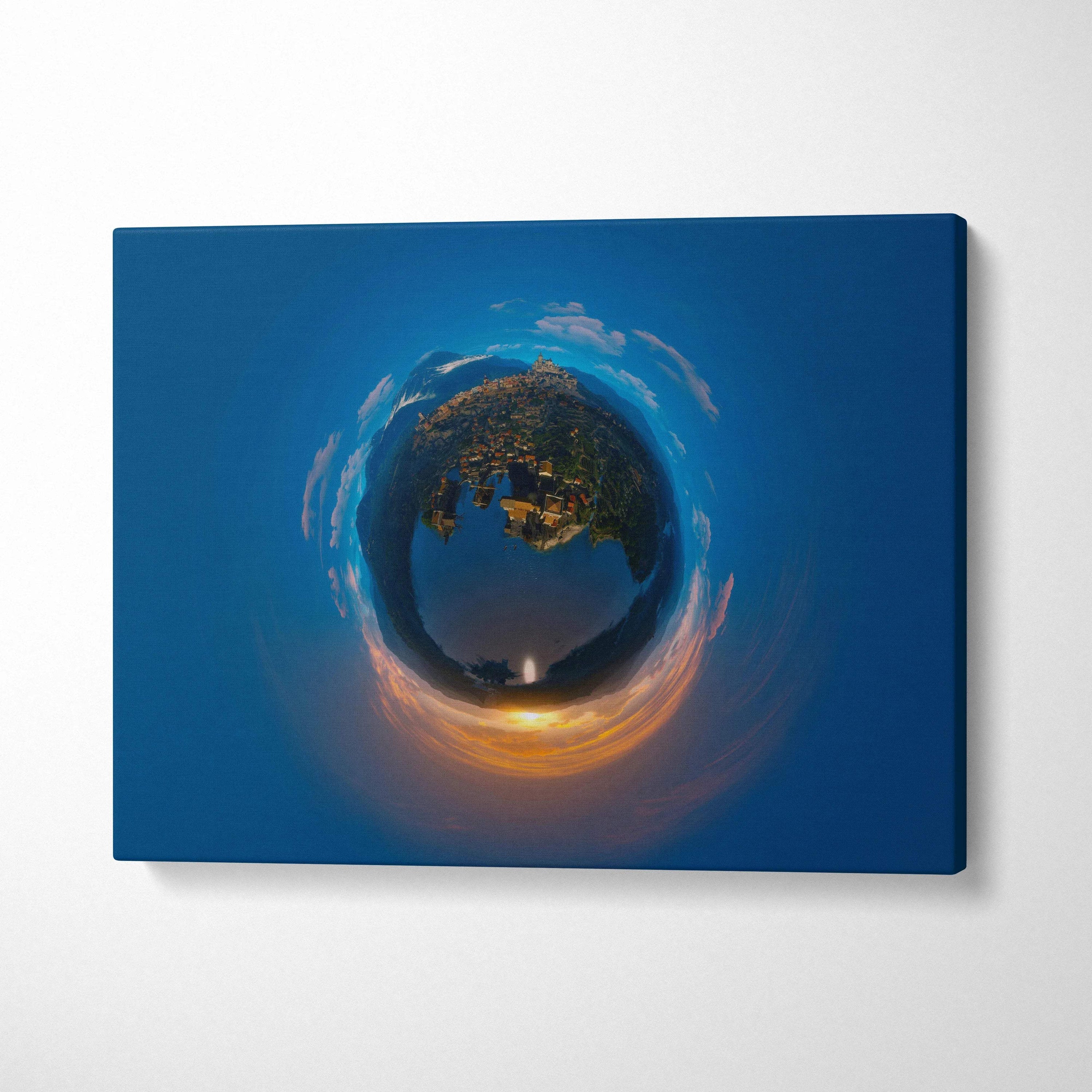 Tiny Planet Coastal Town Sunset 360 Panorama blue canvas print