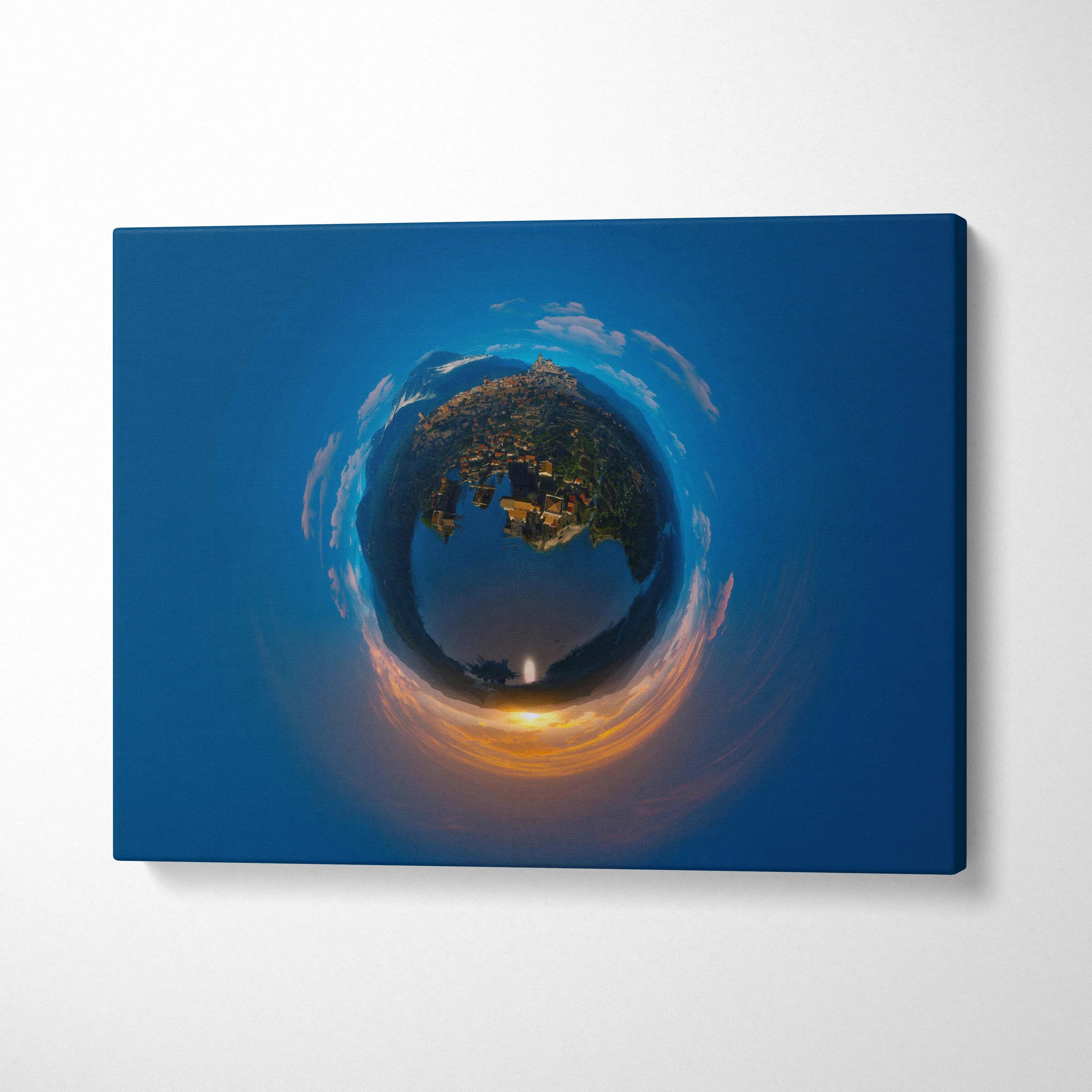 Tiny Planet Coastal Town Sunset 360 Panorama blue canvas print
