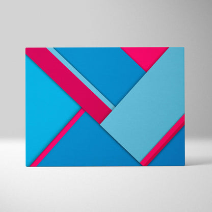 Vibrant geometric abstract canvas with bold layered diagonal triangles in electric blue magenta teal pink cyan