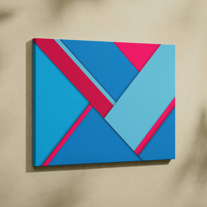 Vibrant geometric abstract canvas wall art with layered diagonal shapes in bold blue teal pink