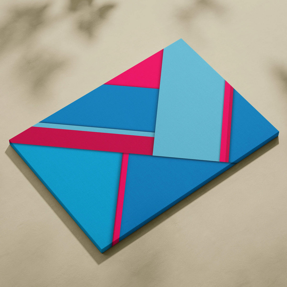 Geometric abstract canvas wall art with layered diagonal shapes in bold blue teal pink