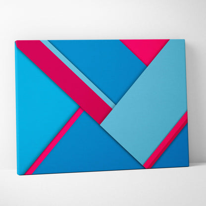 Modern geometric abstract canvas wall art with bold blue teal pink diagonal shapes