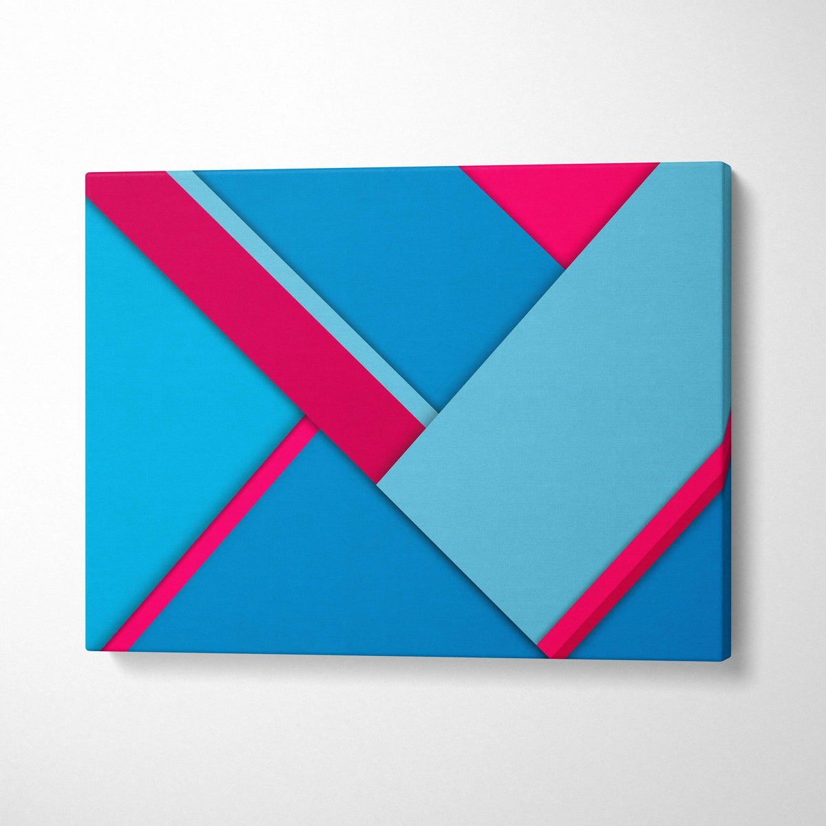 Geometric abstract canvas wall art with layered diagonal shapes in bold blue teal pink