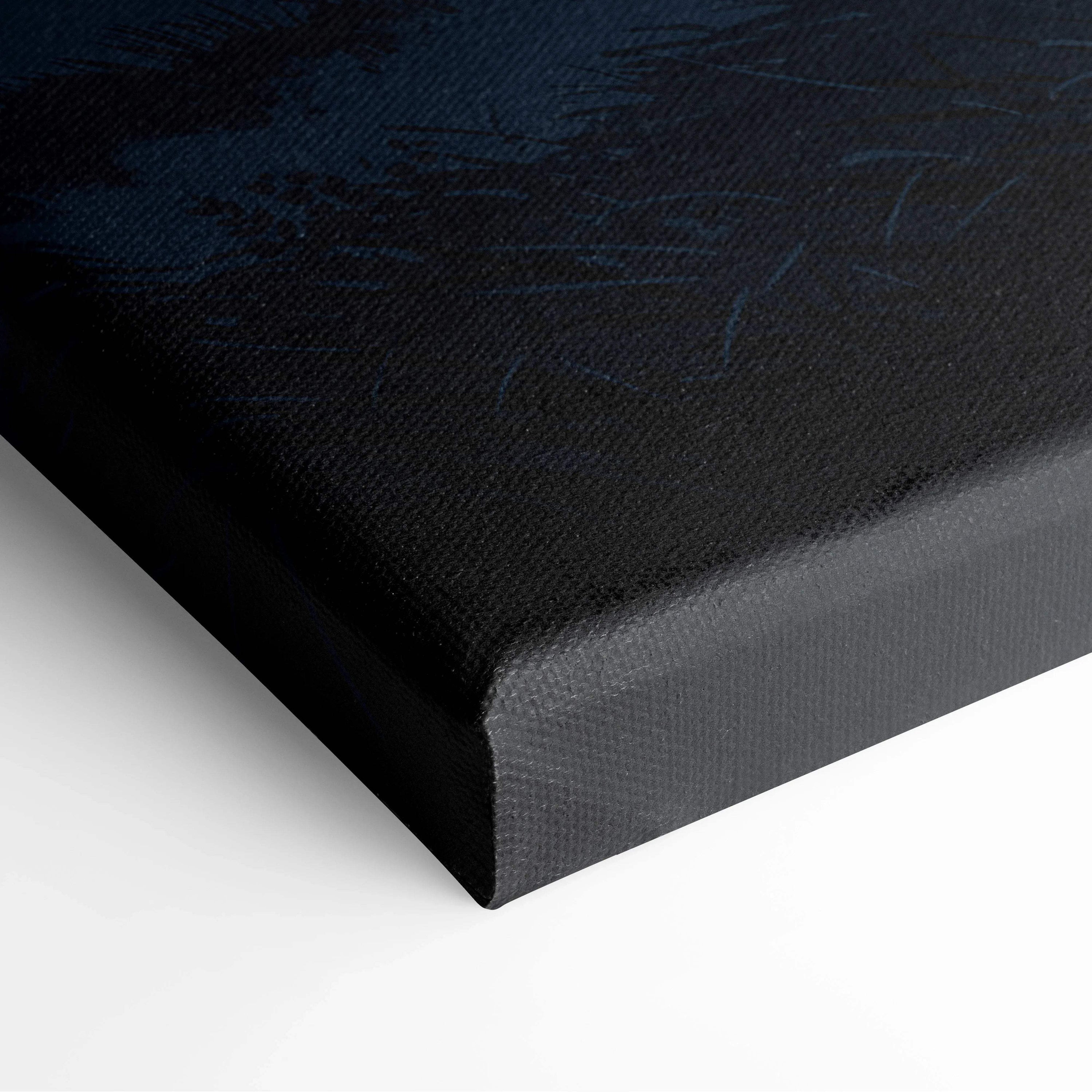Moonlit countryside canvas art in deep blue monochrome on black textured matte print