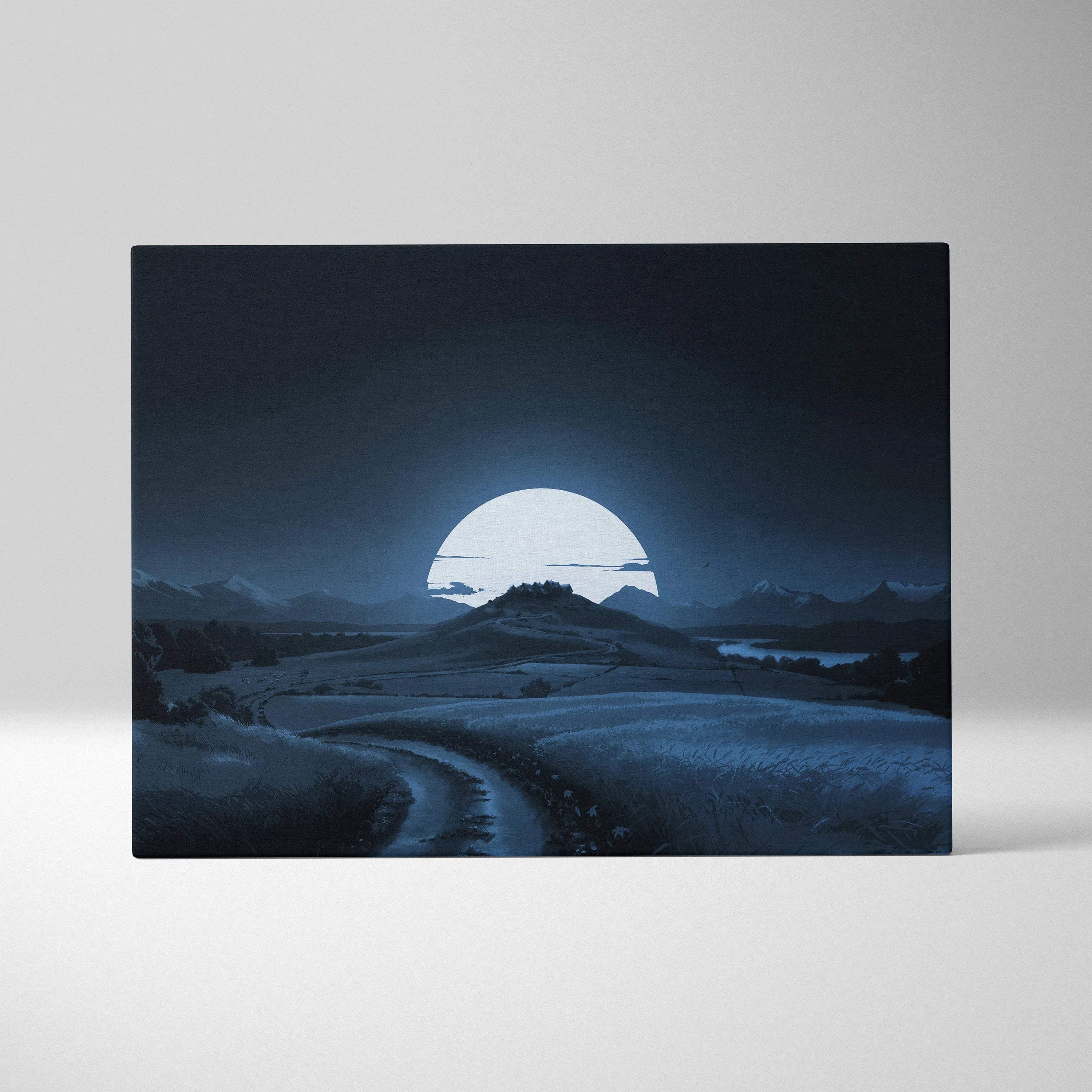 Moonlit countryside canvas print with half-moon, path, castle in deep blue monochrome