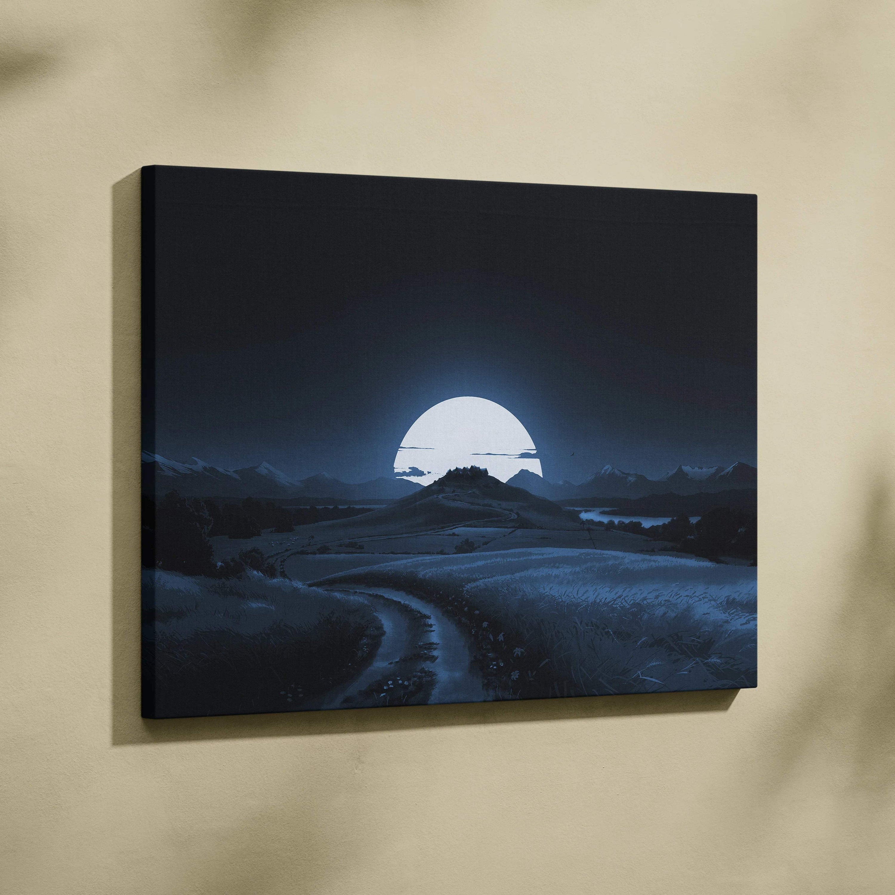 Moonlit countryside canvas art with glowing crescent moon, winding path, distant castle in deep blue monochrome
