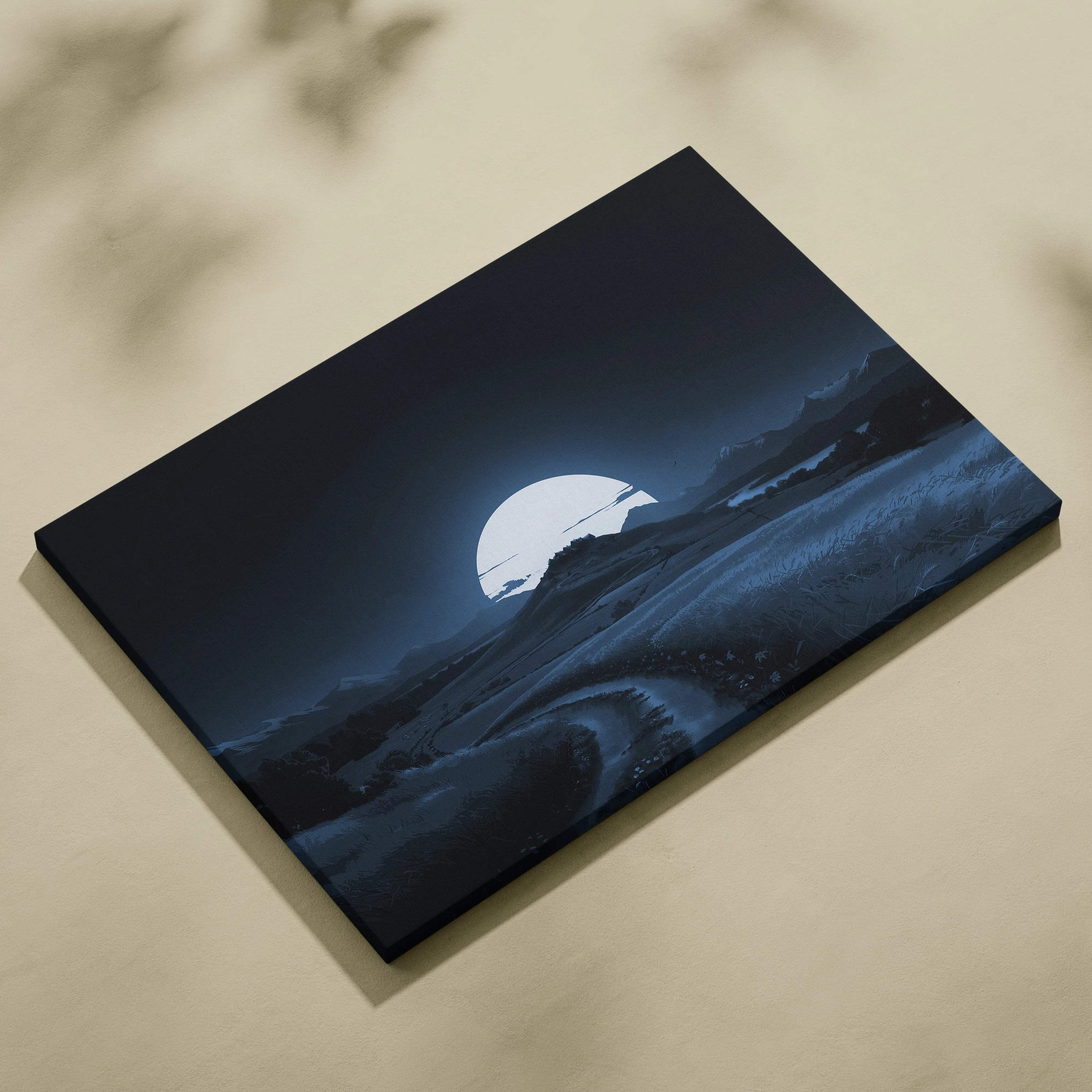Moonlit countryside canvas print with path, castle, and moon in deep blue monochrome