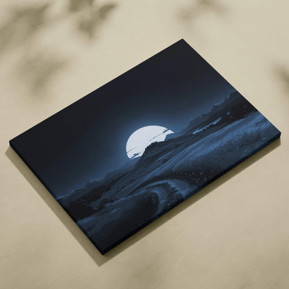 Moonlit countryside canvas print with path, castle, and moon in deep blue monochrome