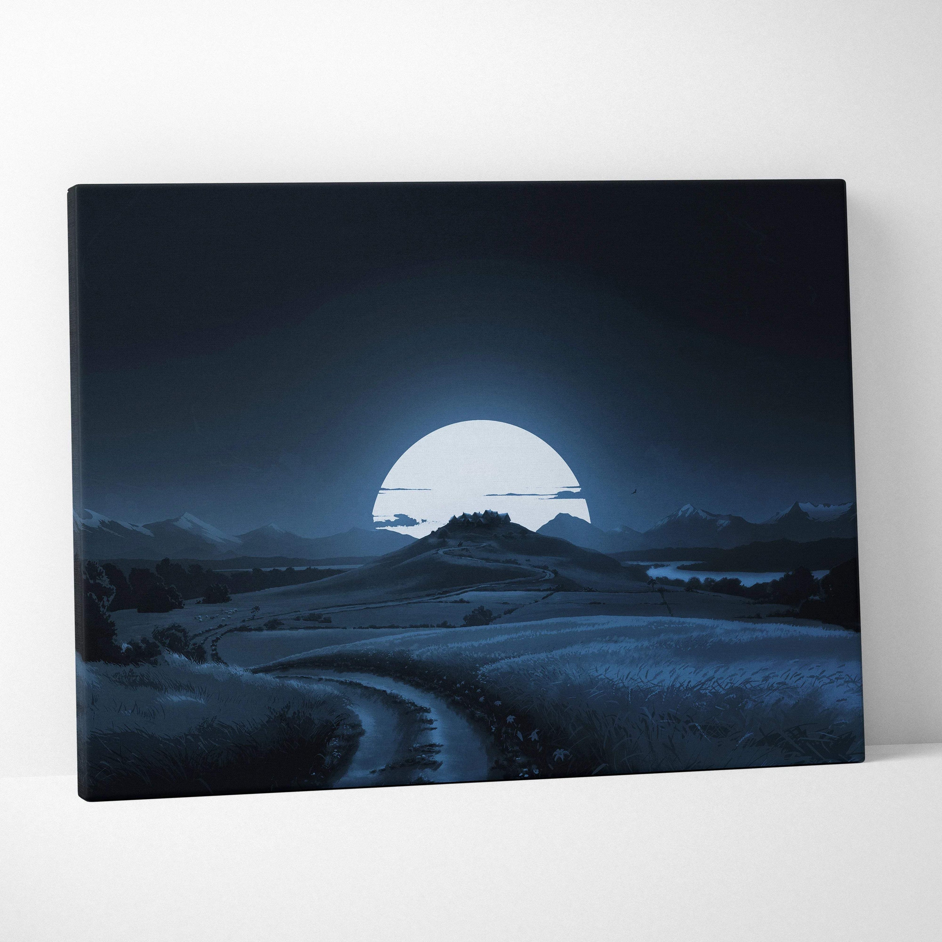 Moonlit countryside canvas print with glowing crescent moon, path, castle