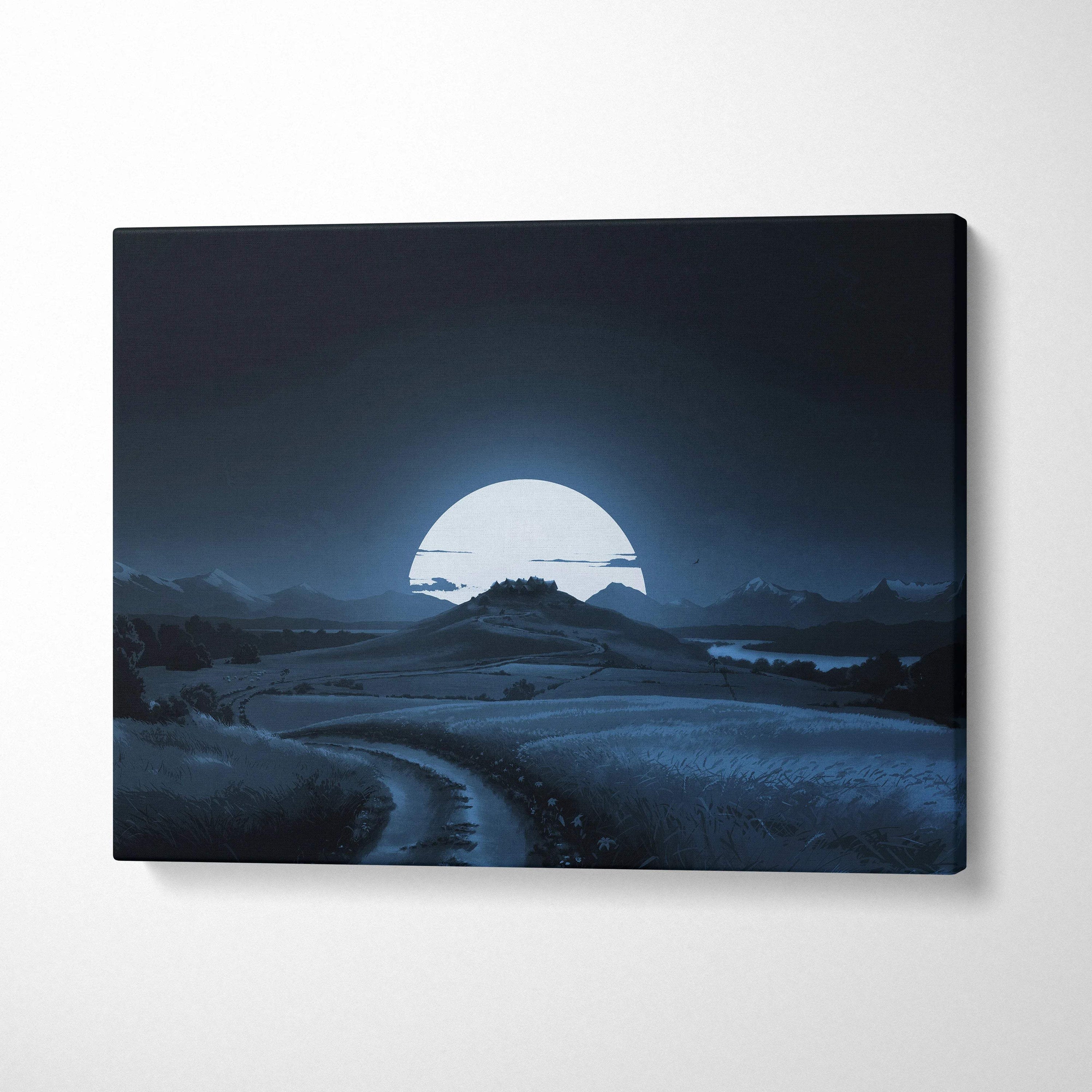 Moonlit countryside canvas art with half-moon, hills, path, castle in deep blue