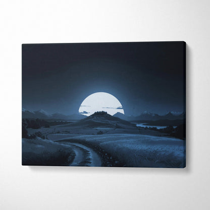 Moonlit countryside canvas art with half-moon, hills, path, castle in deep blue