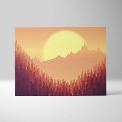 Minimalist forest sunset canvas art with layered pines and mountains