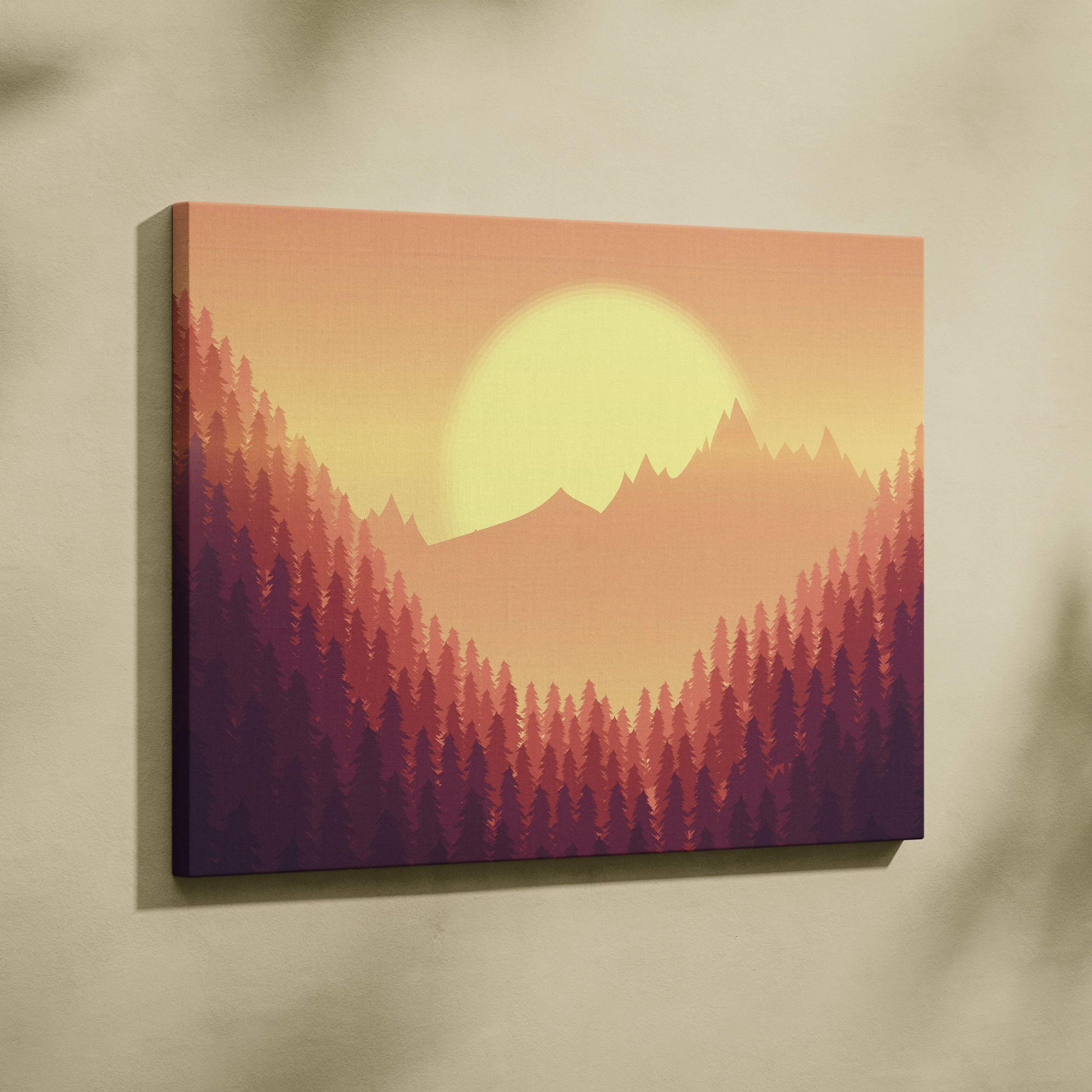 Minimalist forest sunset canvas art with layered purple orange pines mountains