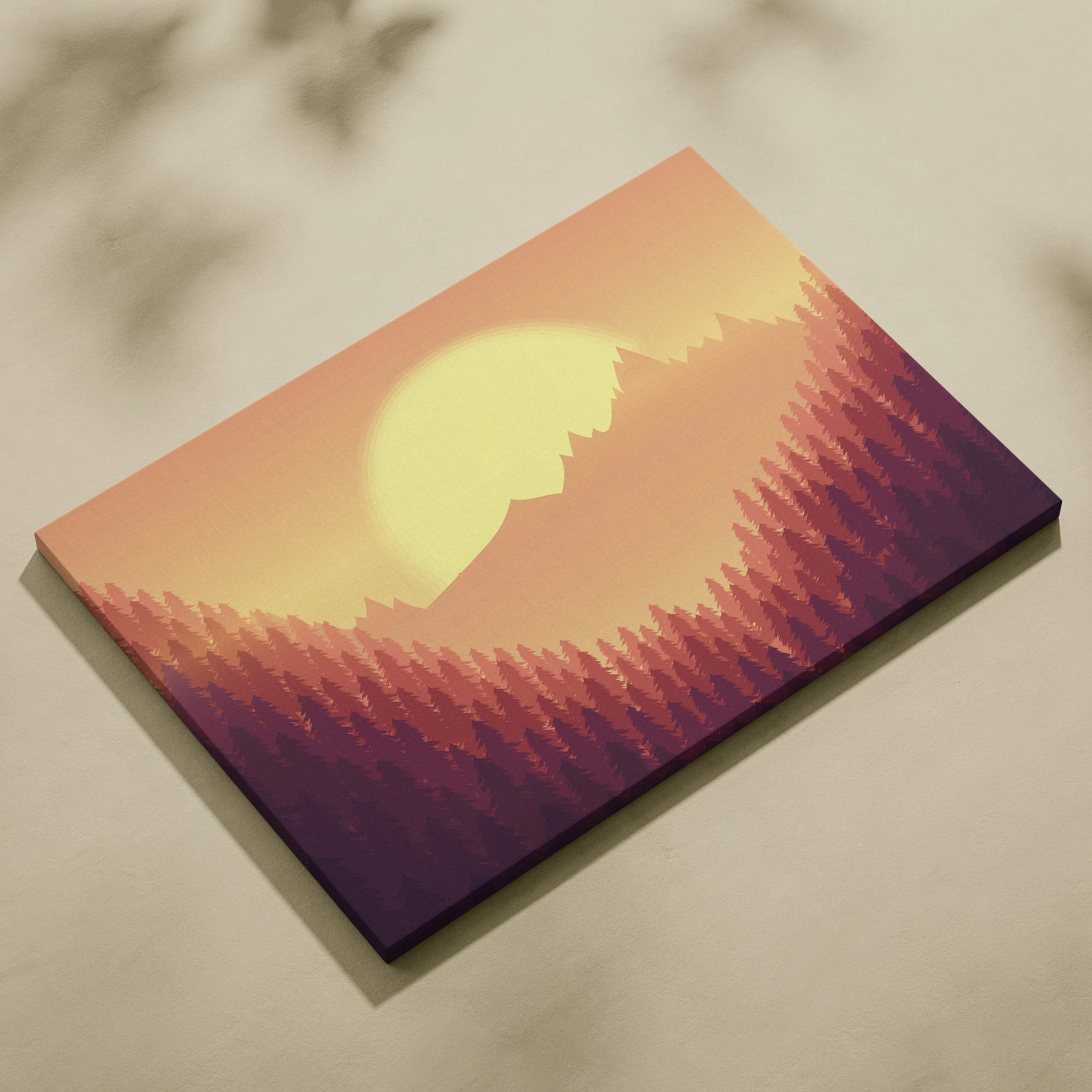 Minimalist forest sunset canvas with layered pines, peaks in orange peach burgundy
