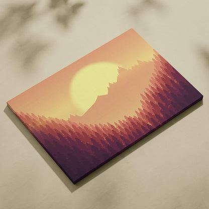 Minimalist forest sunset canvas with layered pines, peaks in orange peach burgundy
