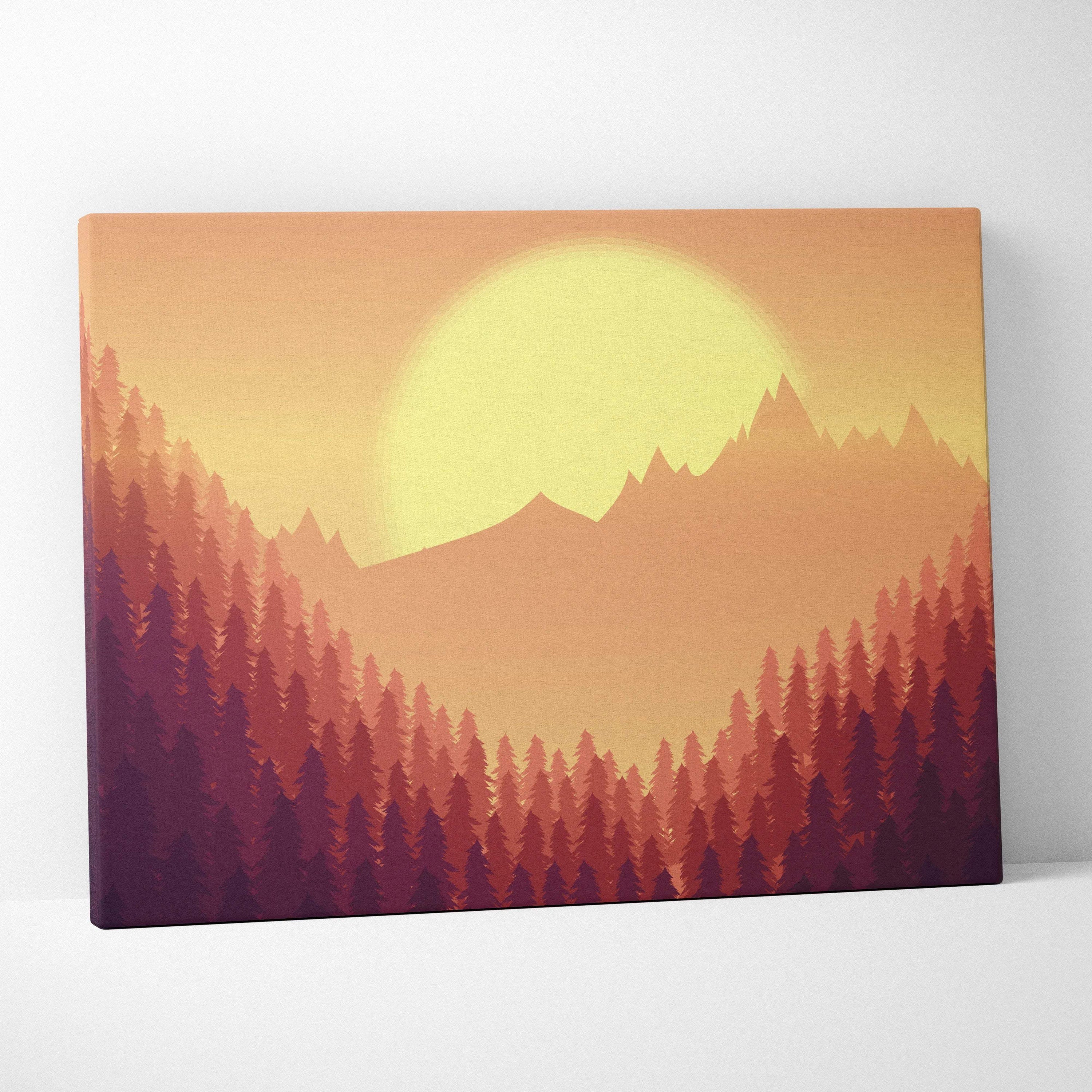Minimalist forest sunset canvas with layered pines, peaks in orange peach burgundy