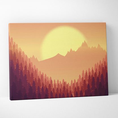 Minimalist forest sunset canvas with layered pines, peaks in orange peach burgundy