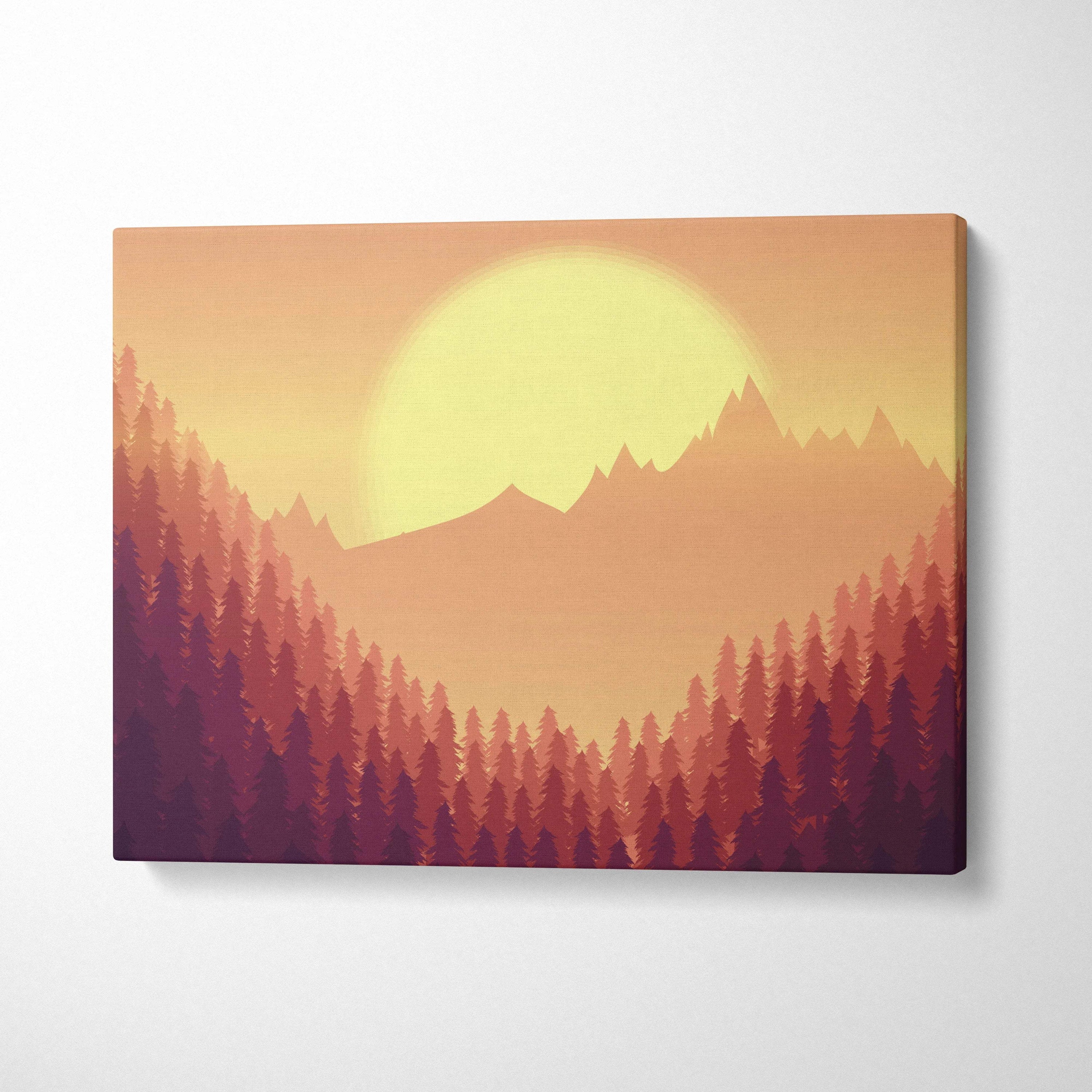 Minimalist forest sunset canvas art with layered pines mountains in orange peach burgundy