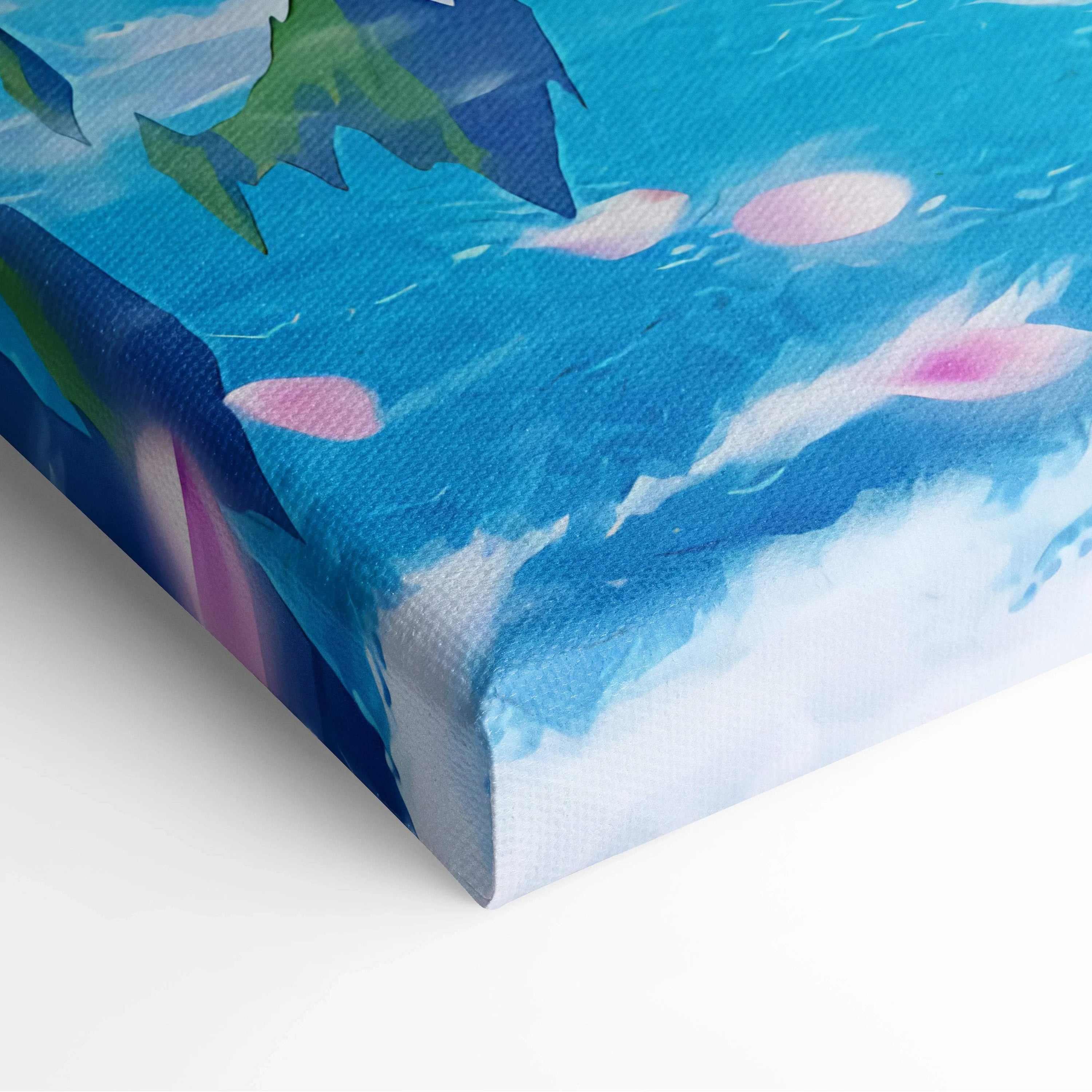 Fantasy cherry blossom tree on floating island over watercolor ocean with pink fish canvas art